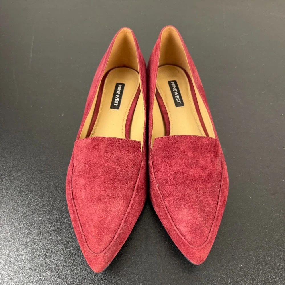 Nine West Abay Loafer Women 7.5M Burgundy Suede Pointed Toe Slip On Flats Career